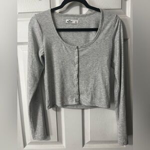Hollister Womens Ribbed Crop Henley Y2K Shirt Size Medium Long Sleeve Gray EUC
